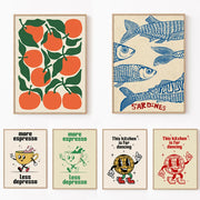 Retro Kitchen Food Cartoon Poster Character Coffee More Espresso Less Depresso Quotes Poster Wall Canvas Painting Room Decor