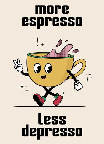 Retro Kitchen Food Cartoon Poster Character Coffee More Espresso Less Depresso Quotes Poster Wall Canvas Painting Room Decor