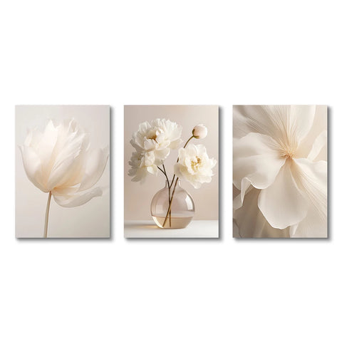 1PC/3PCS Frameless Nordic Beige Peony Flowers Canvas Painting Modern Floral Botanical Posters Aesthetic Wall Art Home Decoration