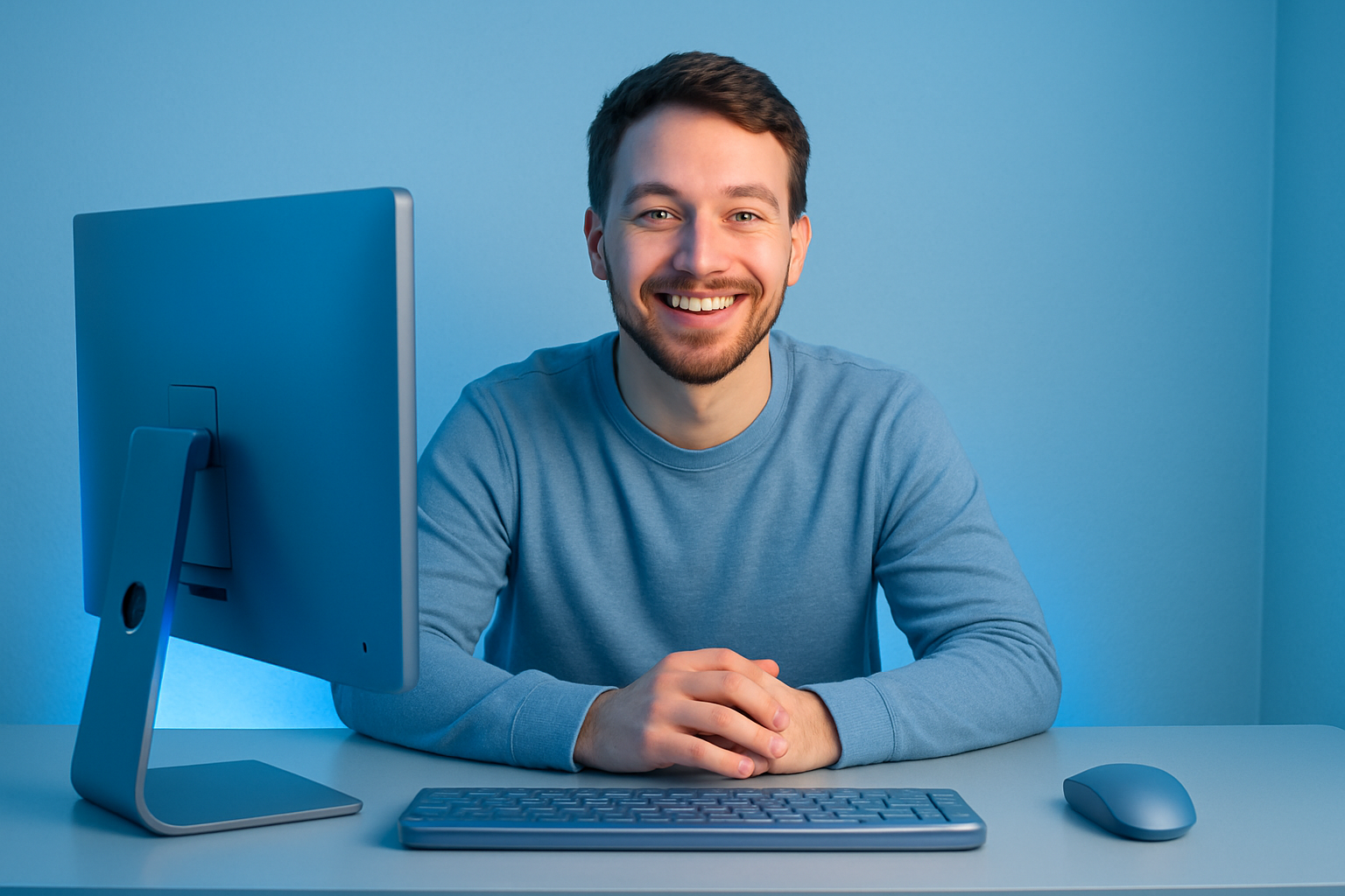 Faça ele atrás do computador, sorrindo 