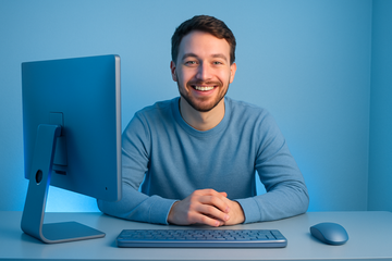 Faça ele atrás do computador, sorrindo 